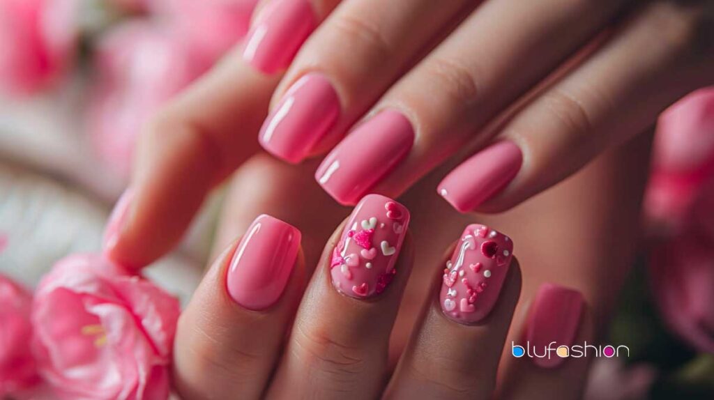 Close-up of pink manicured nails with detailed heart and glitter designs.