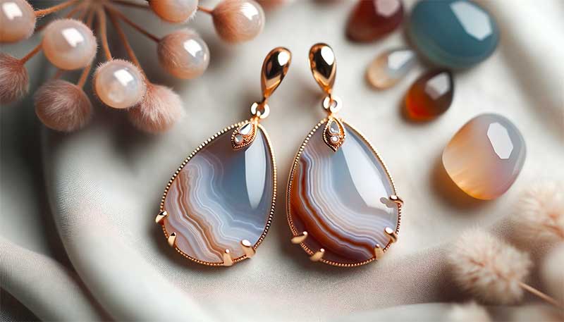 A pair of silver earrings with blue lace agate gemstones, sitting on a white cloth.