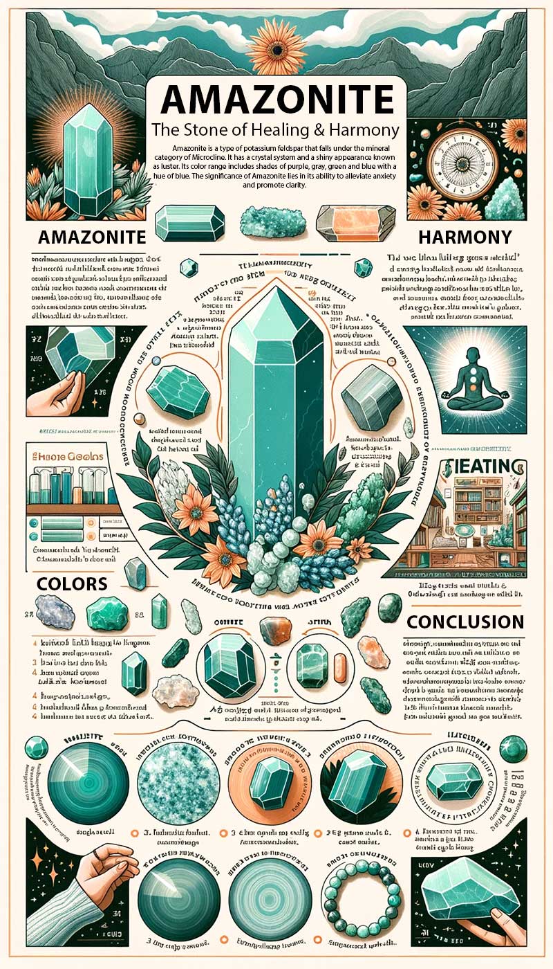 A close-up photo of a Amazonite gem infographic and chart with different denominations and designs.