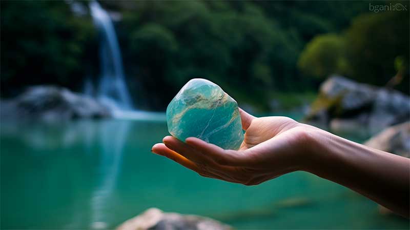 Person holding Amazonite gemstone in front of waterfall, representing the power of nature.