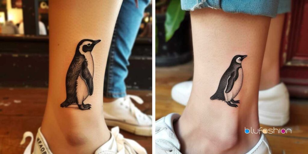 Two styles of penguin tattoos on ankles, one in profile and the other front facing.