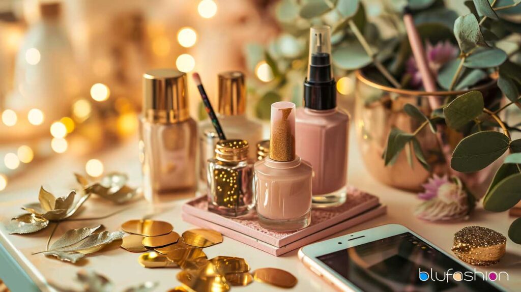 Cozy nail polish setup with beige tones, gold accents, and brushes for a DIY manicure.