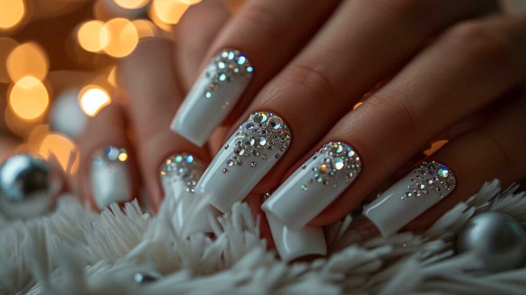 Chic white long nails with tasteful diamond accents, warm bokeh lights in background.