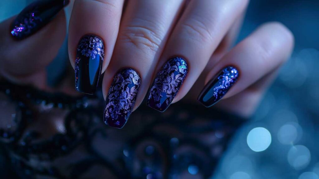 Luxurious long nails with midnight purple polish and intricate glitter designs.