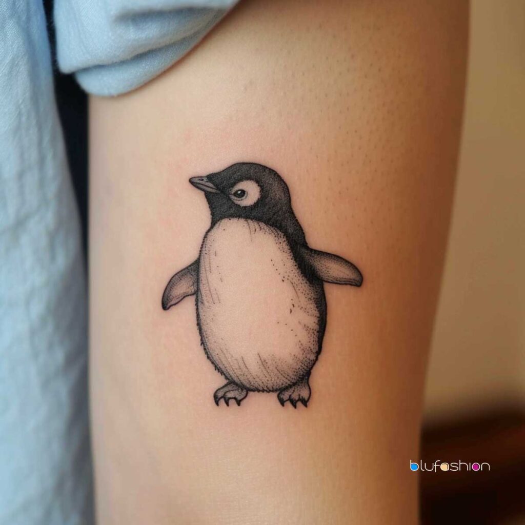 Baby penguin tattoo on upper arm.