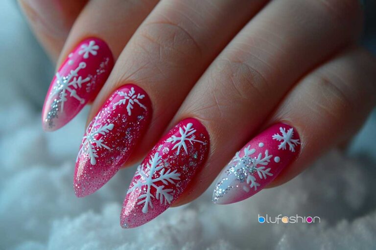 Vibrant pink gradient nails with white snowflake designs and glitter accents for winter.