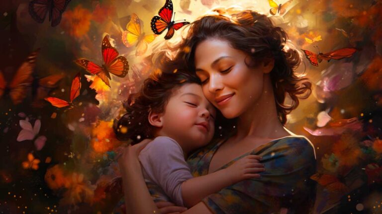 Mother embracing child, surrounded by autumn leaves and vibrant butterflies, symbolizing transformation and motherhood.