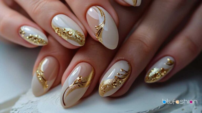 Exquisite beige nails with intricate gold foil and glitter designs for a glamorous manicure.