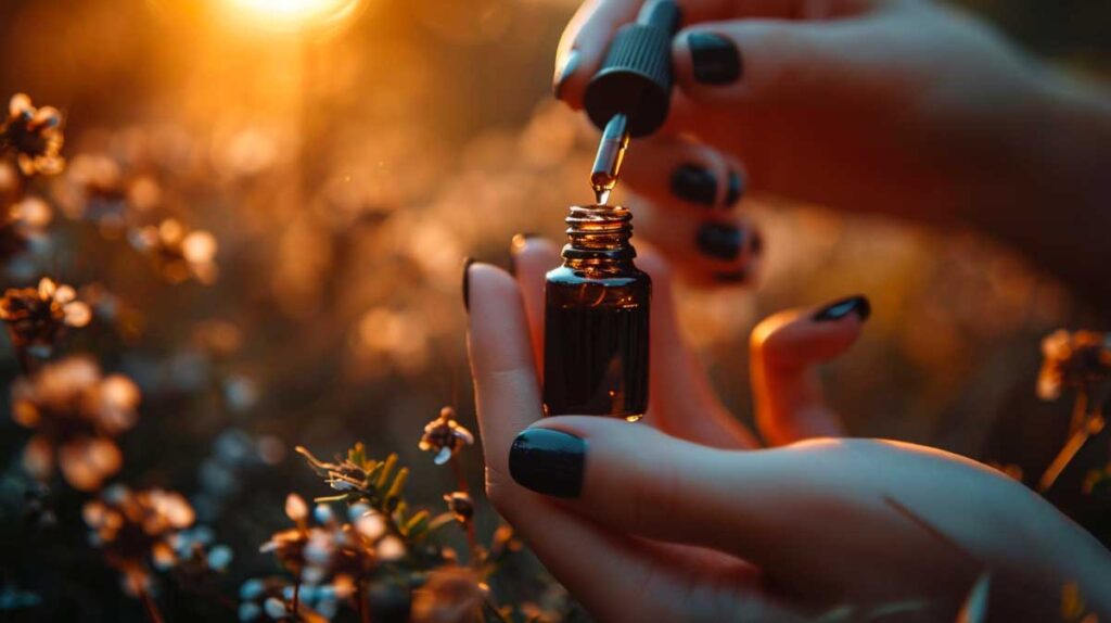 Applying Onyx Cuticle Oil from a dropper to nails at sunset with blooming flowers.