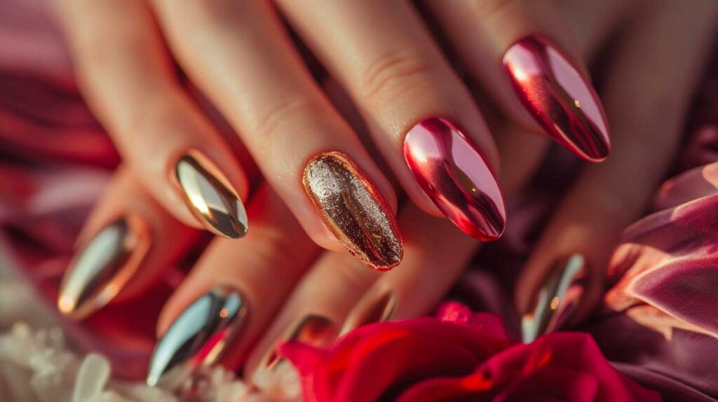 Metallic and chrome manicure with gold glitter accent nail for a festive Mother's Day look.