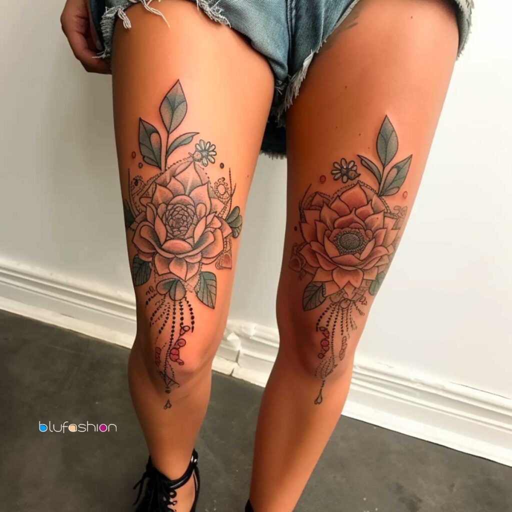 Matching ornate rose tattoos with fine line detailing on woman's thighs, accentuated by dangling charm elements and denim shorts.