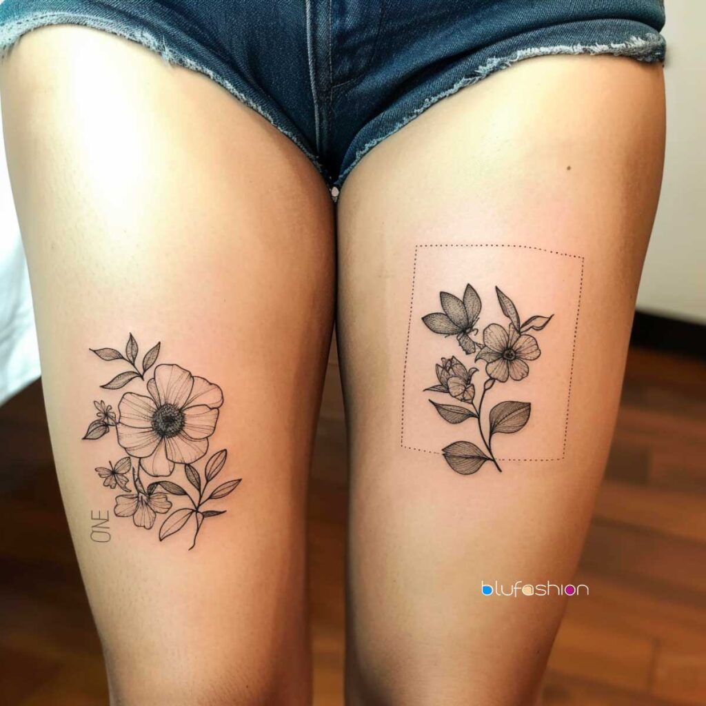 Stylish blackwork floral tattoos on thighs, one with a blooming flower and the other framed, both complemented by denim cut-offs.