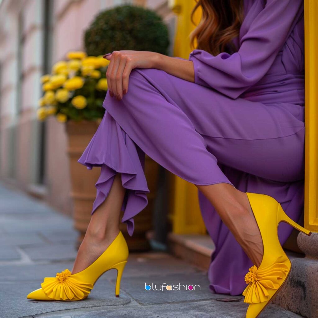 Elegant purple midi dress complemented by vibrant yellow heels with bow detailing, perfect for a bold fashion statement.