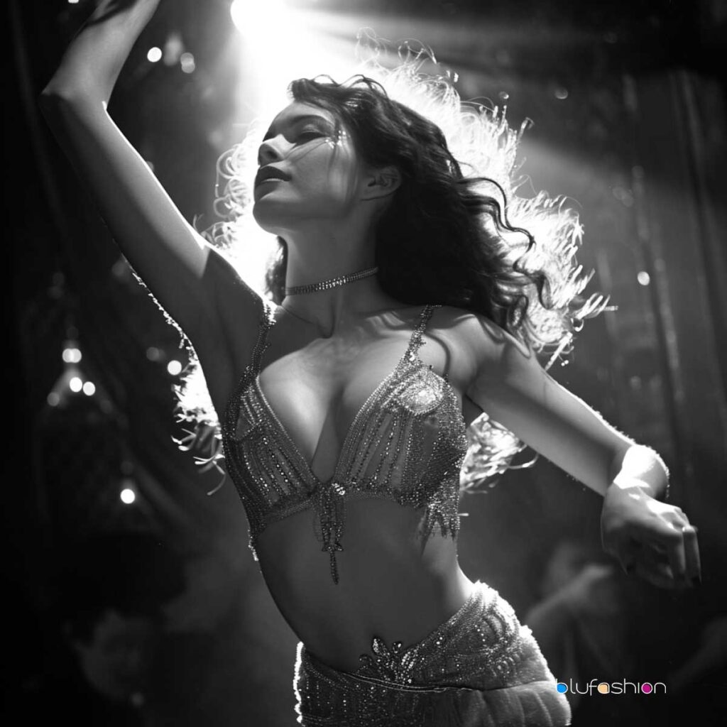 Black and white image of a burlesque performer dancing in beaded costume and feather boa