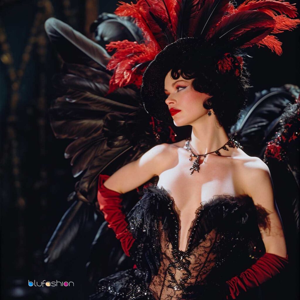 Elegant burlesque dancer in a black feathered costume with a large red plume headdress and gloves.