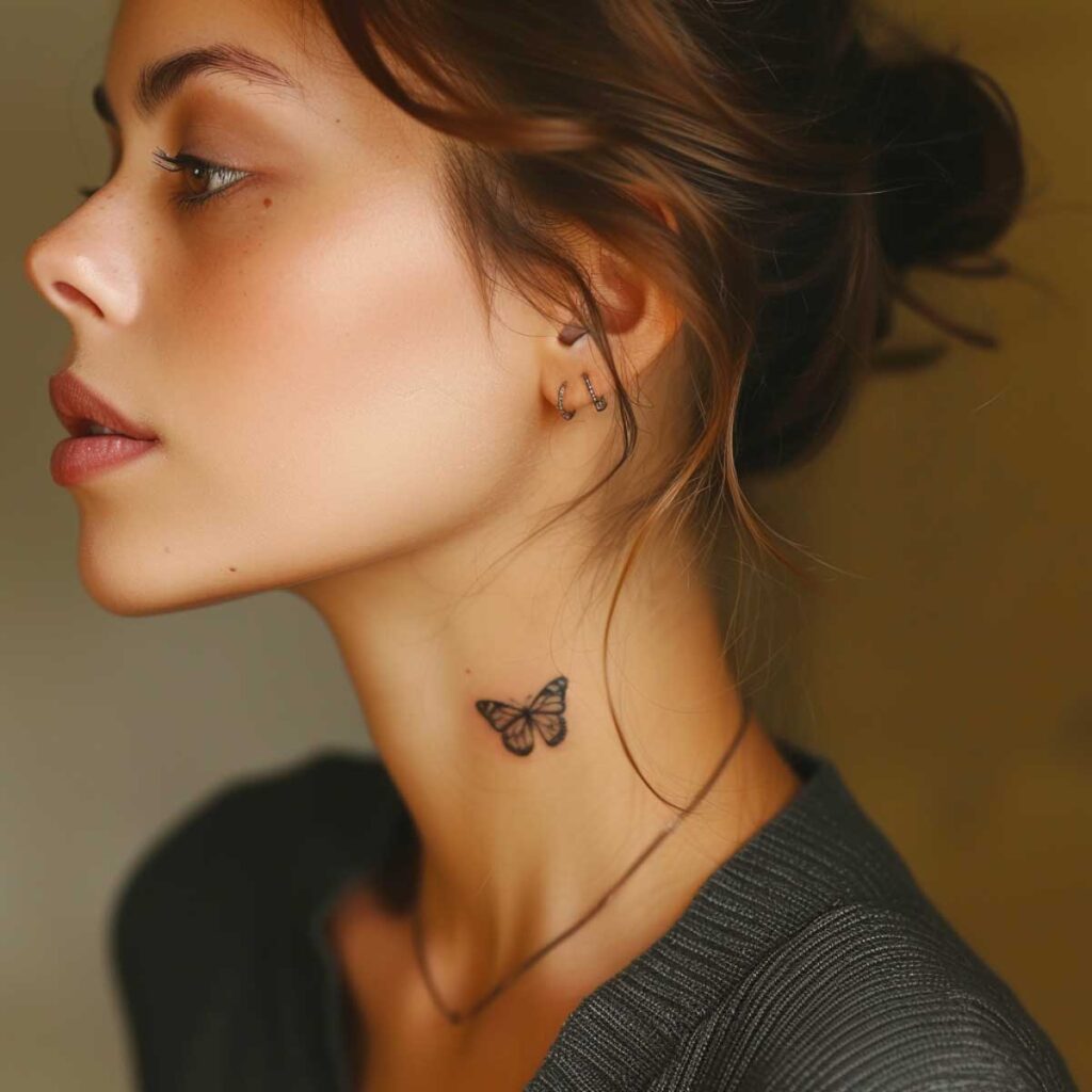 Profile of a woman with delicate butterfly tattoo on her neck, minimalistic elegance.