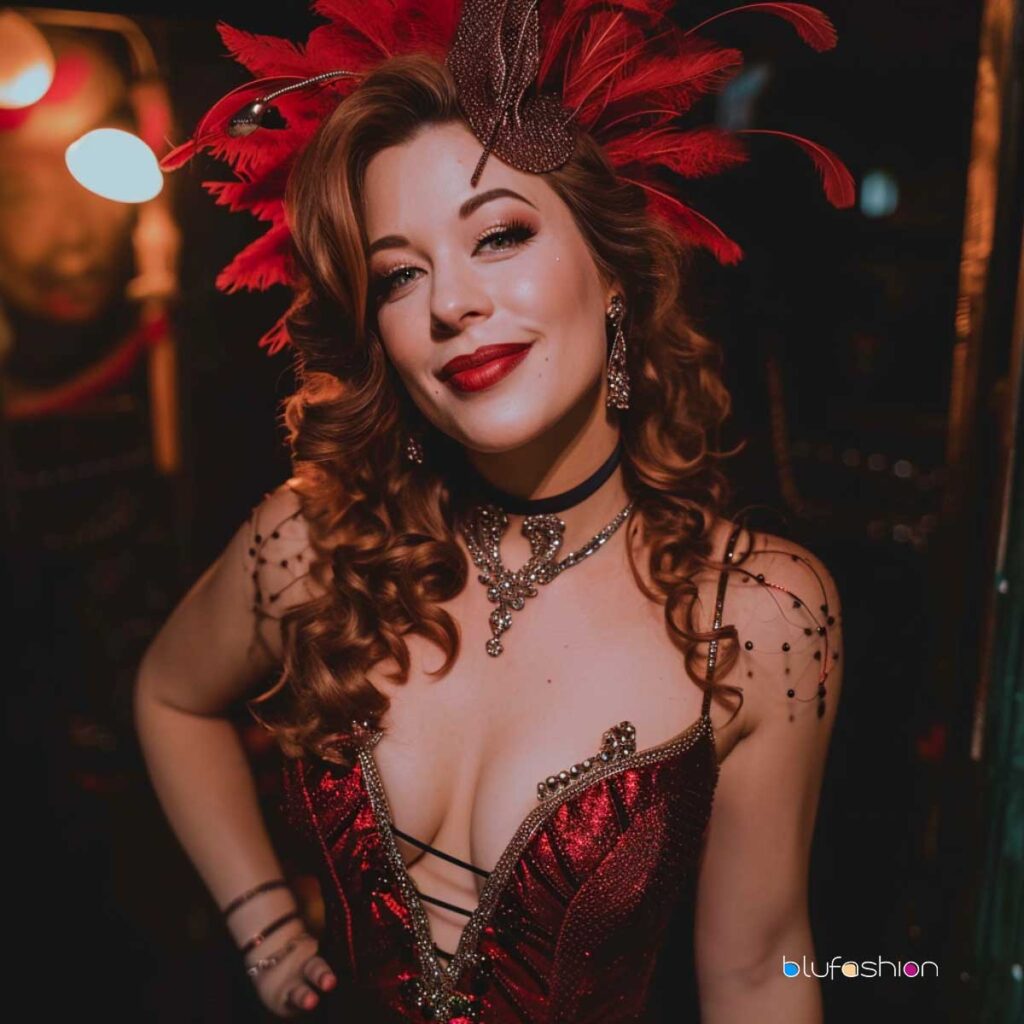 Radiant cabaret performer in red feathered headdress and sparkling dress, embodying the spirit of vintage glamour.