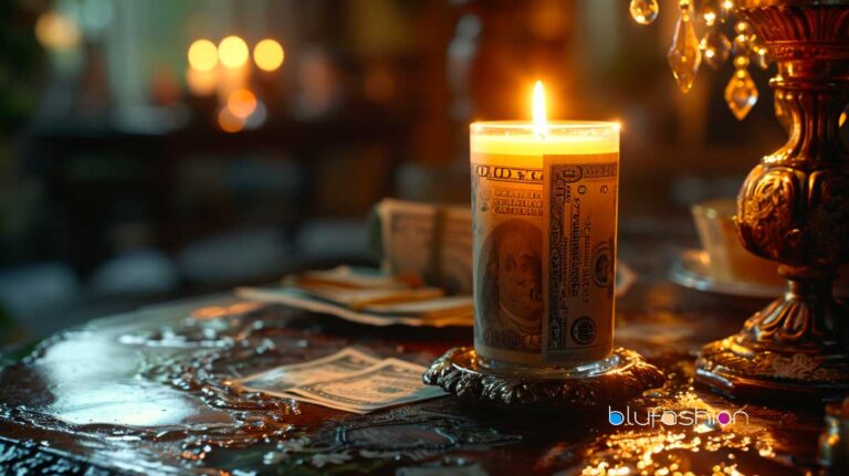 Candles with money inside, on a vintage holder with warm background lighting