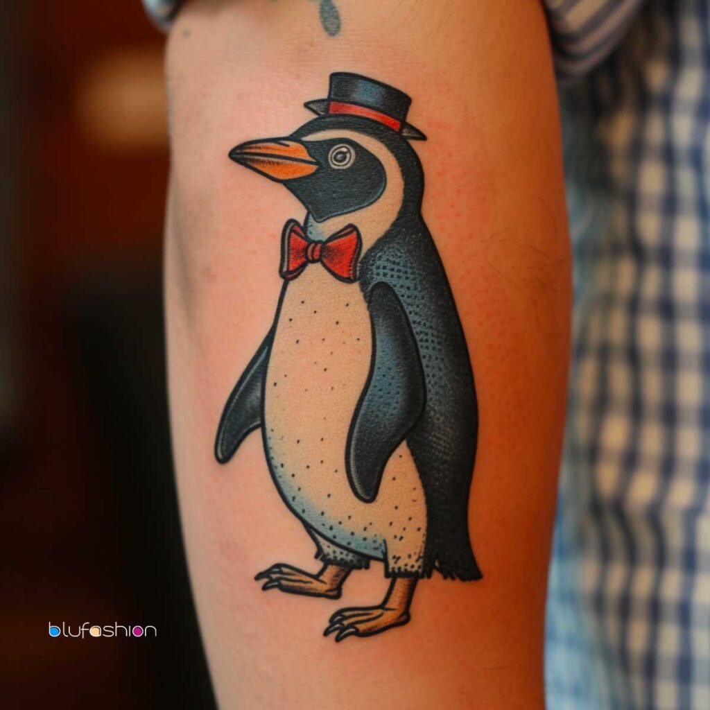 Cartoon penguin in top hat and bow tie tattoo on arm.