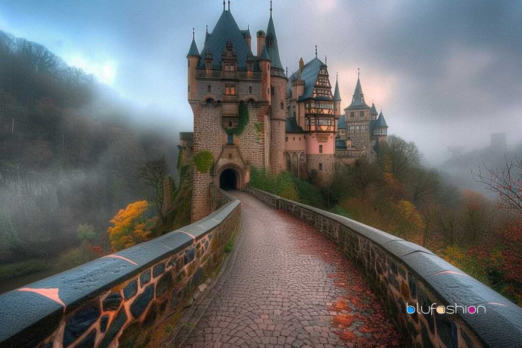 Enchanting misty view of Eltz Castle, a medieval gem in Germany, during fall season.