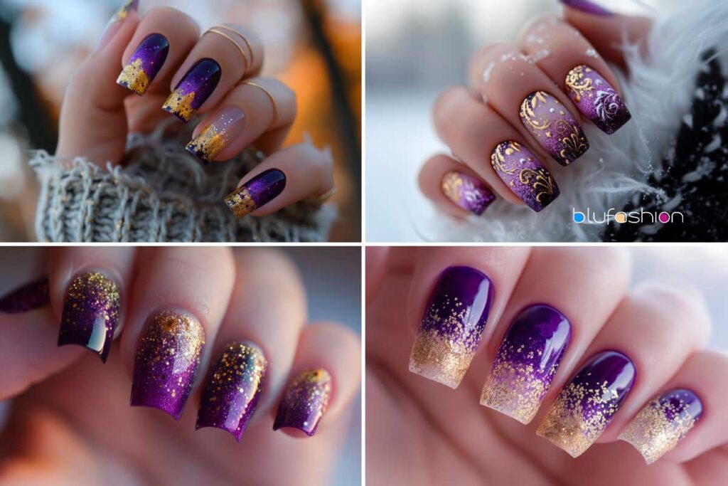 Collection of chic purple nails with gold glitter and intricate patterns.