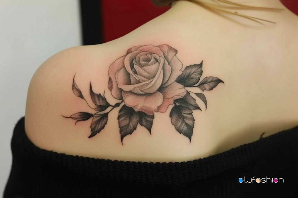 Elegant pink and grey shaded rose tattoo on shoulder with black leaves, against black clothing.