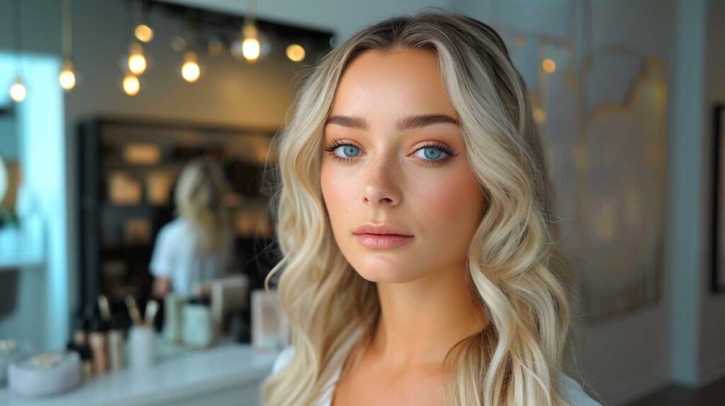 Blonde woman with subtle eyebrow dye posing in a salon with makeup products in background.