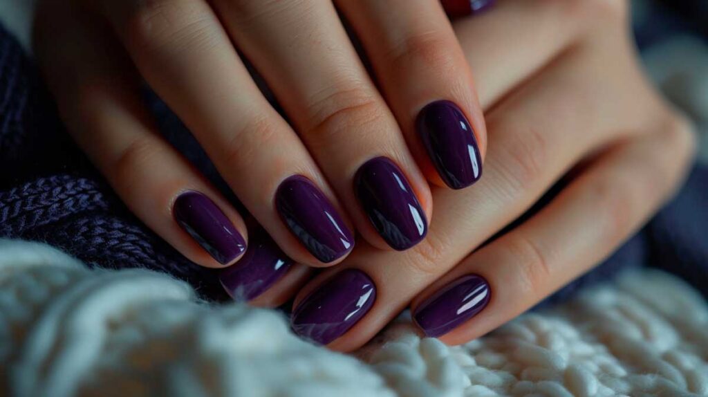 Elegant hands with glossy midnight purple manicured nails and cozy knitwear.