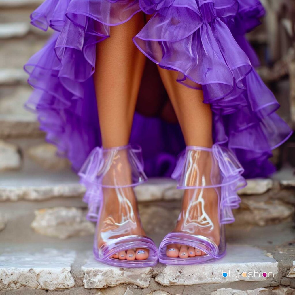 Trendsetting clear heels complement a whimsical purple ruffled dress, perfect for a bold fashion statement.