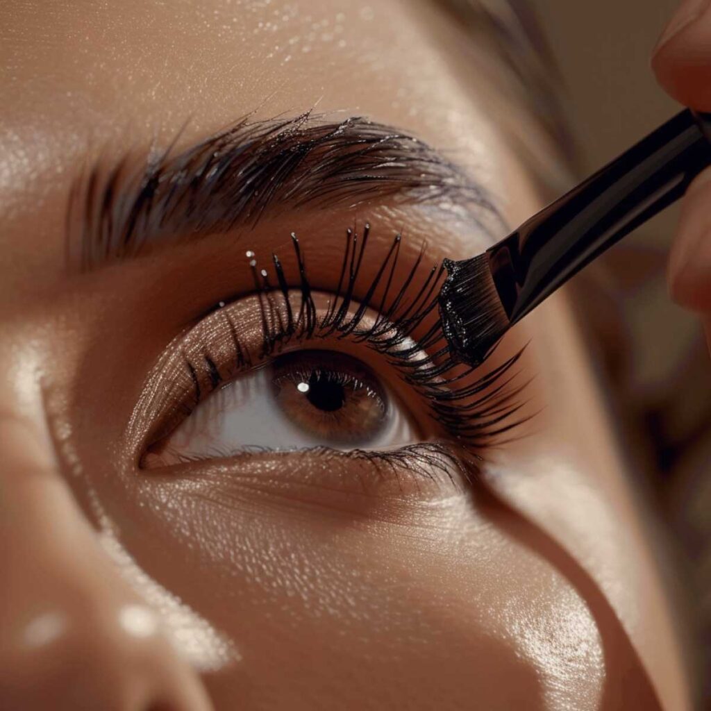 A woman applying mascara by coating both sides of the eyelashes for double the thickness and volume.