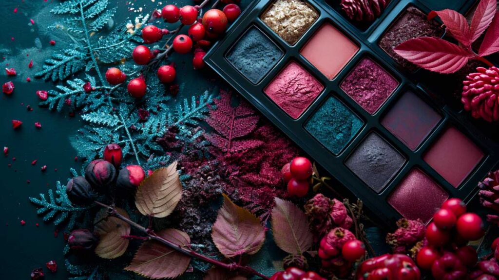 Deep winter makeup palette with rich berries, frosty blues, and icy pine decor.