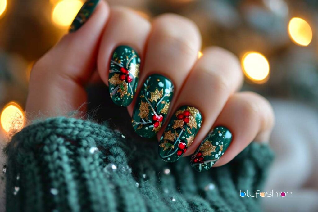 Chic holiday nail art with green mistletoe leaves and red berries.