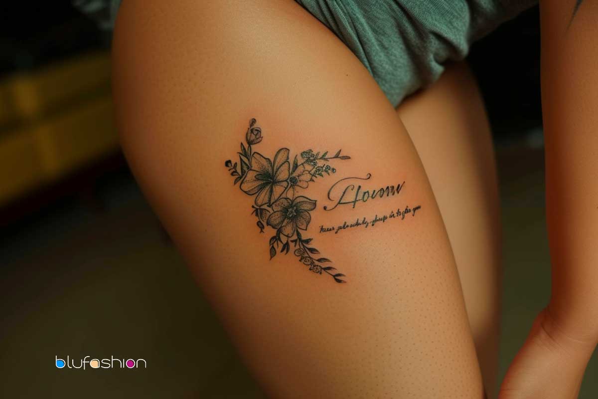 Floral thigh tattoo with 'Bloom' script - a symbol of growth and beauty.