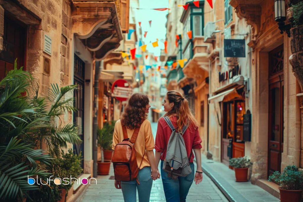 Two women holding hands while exploring a vibrant street lined with festive flags.