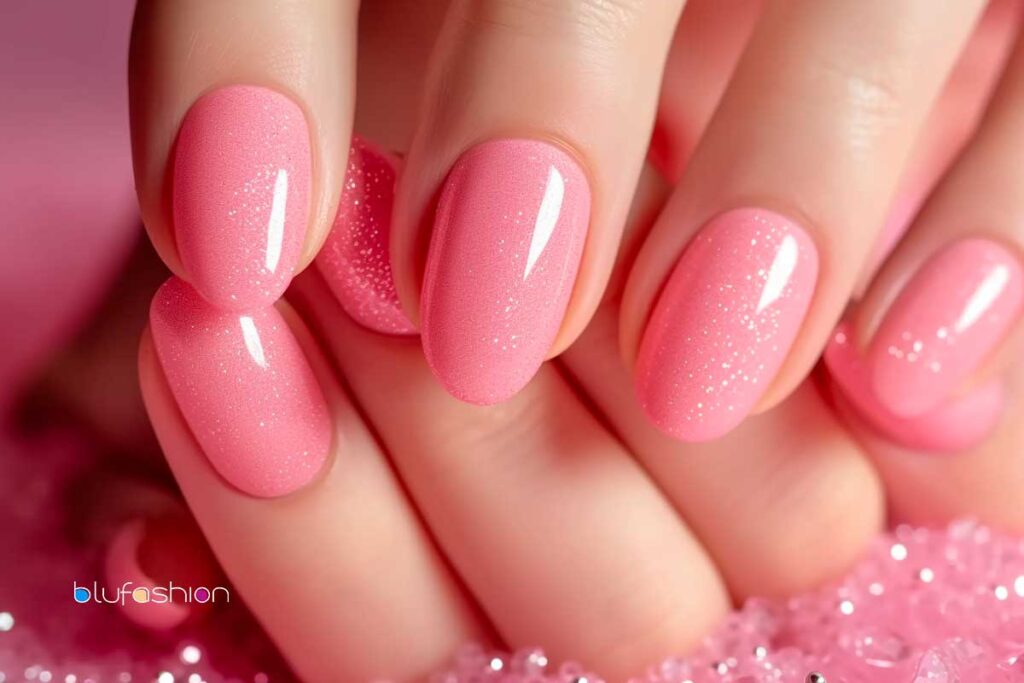 Shimmering pink gel manicure with a glossy finish, perfect for a fun and flirty nail style.