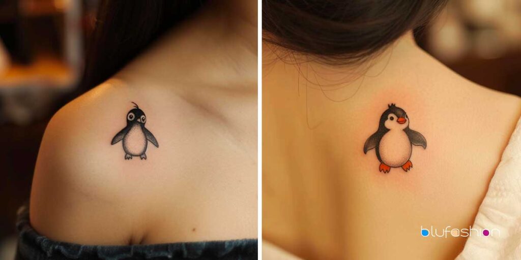 Cute Small penguin tattoos on shoulder, one minimalistic and one with color