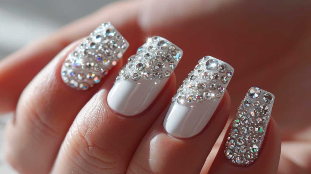 Manicured hand showcasing white nails with full diamond embellishments on a soft backdrop.