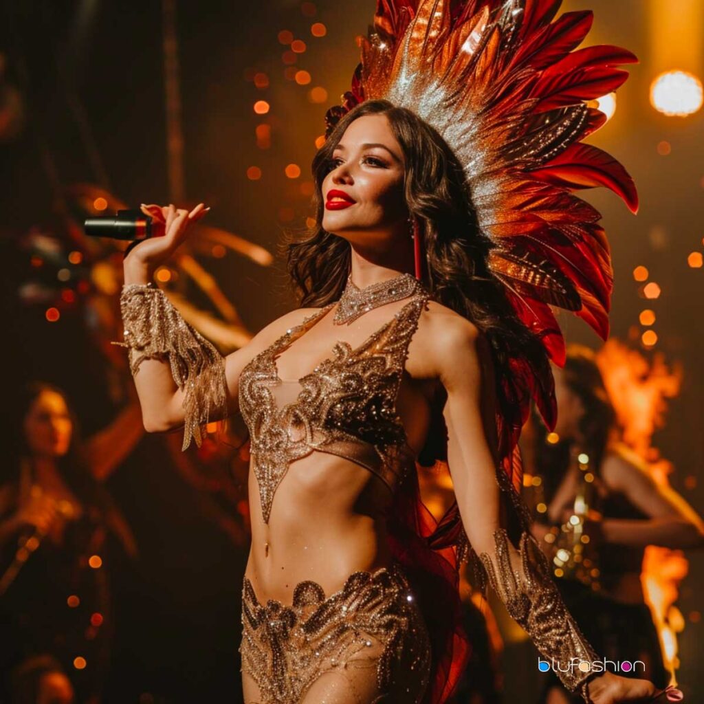 Show-stopping burlesque dancer in a dazzling costume with large feather headpiece on stage.