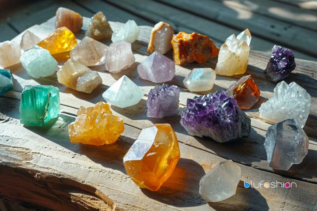 Array of colorful healing crystals in sunlight on wooden surface.