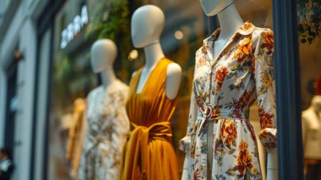 Mannequins in store display wearing designer floral dress and mustard pleated gown.