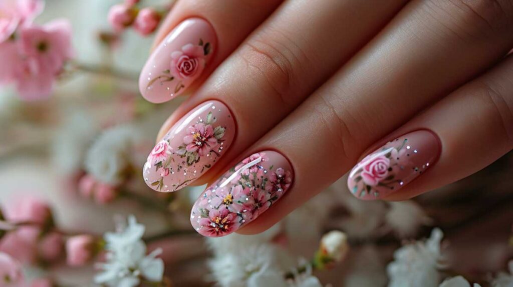 Delicate pink Mother's Day nails with floral art and subtle glitter accents.