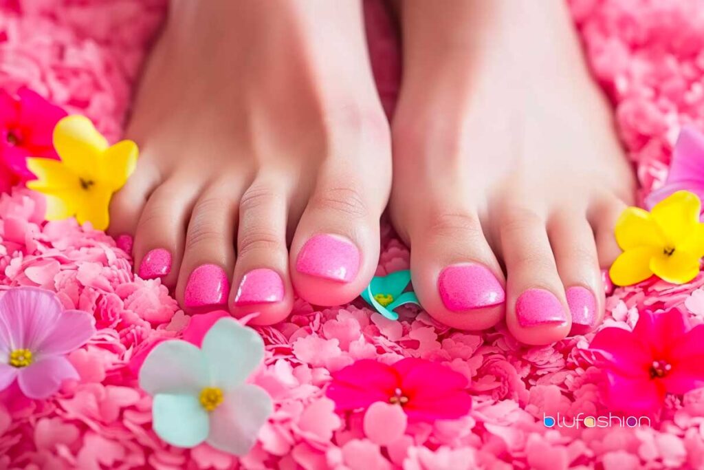 Vibrant pink pedicure with a sparkling finish surrounded by a colorful array of flower petals.