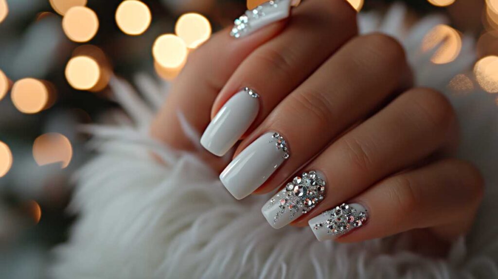 Elegant white manicure with selective diamond studs, festive background bokeh.