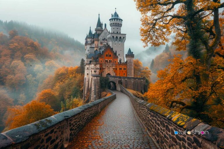 Majestic Eltz Castle in Germany surrounded by autumnal forest.