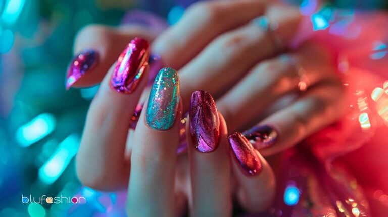 Vibrant gel manicure showcasing holographic and chrome Korean nail polishes with glitter accents.