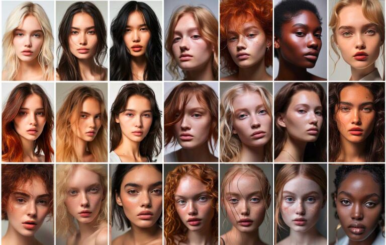 Collage of diverse female models showcasing a spectrum of hair colors, from platinum blonde to ebony black.