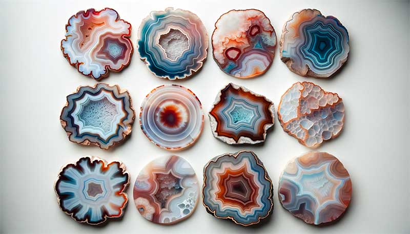 A group of agate slices arranged on a wooden table, displaying a variety of colors and patterns.