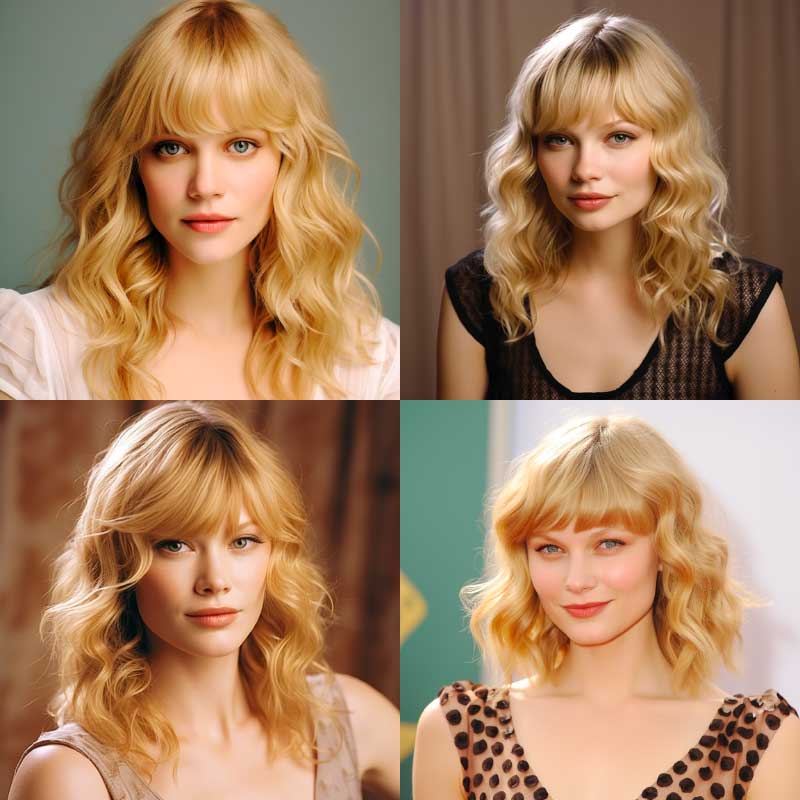 Blonde woman with faux side bangs and wavy hair in various styles and elegant outfits.