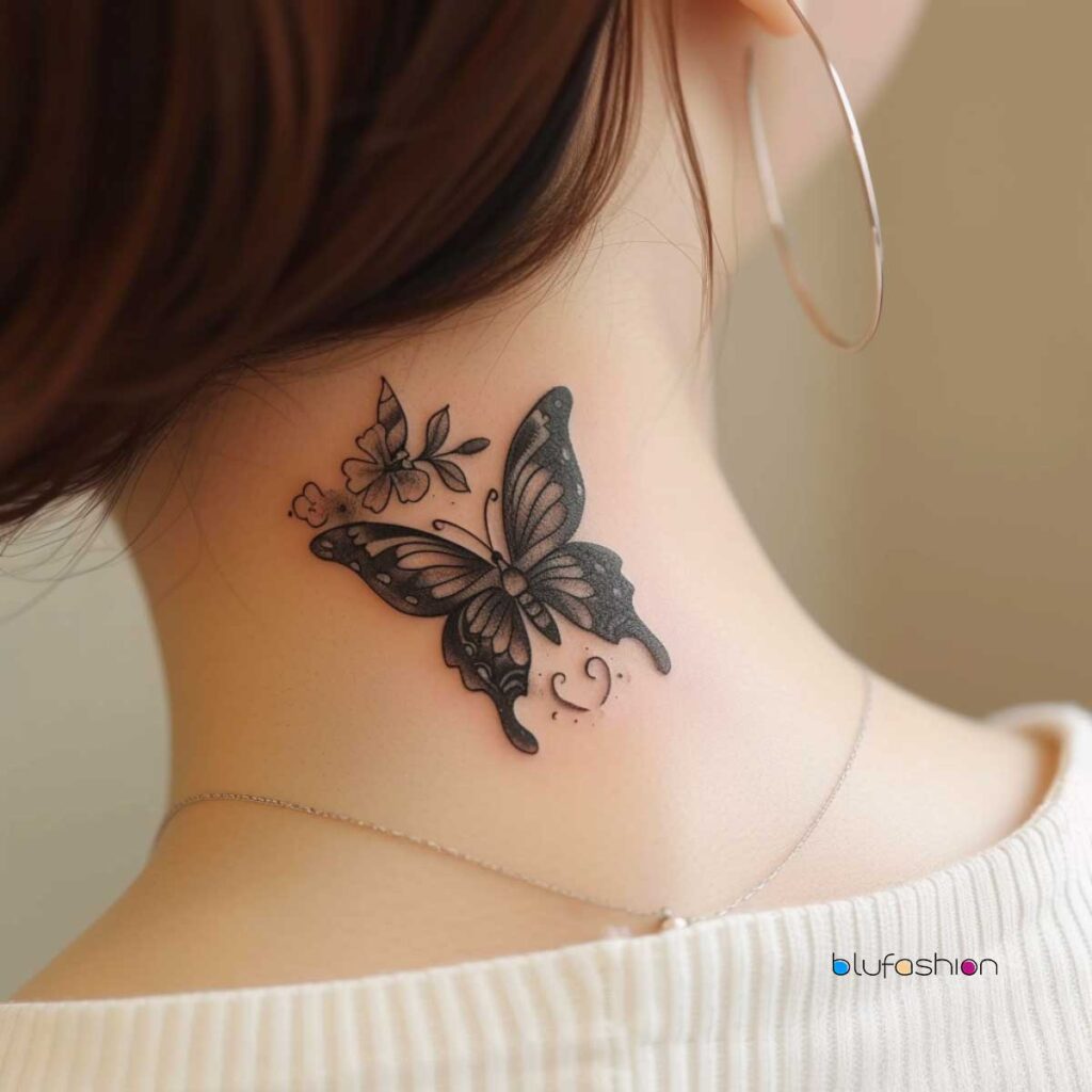 Elegant black ink butterfly and flower neck tattoo for women with delicate shading.