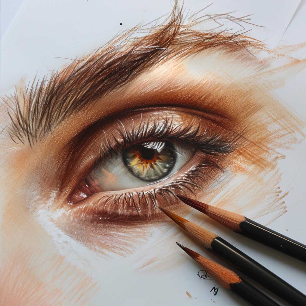 Hyper-realistic drawing of a human eye with pencils, showcasing intricate artistry.